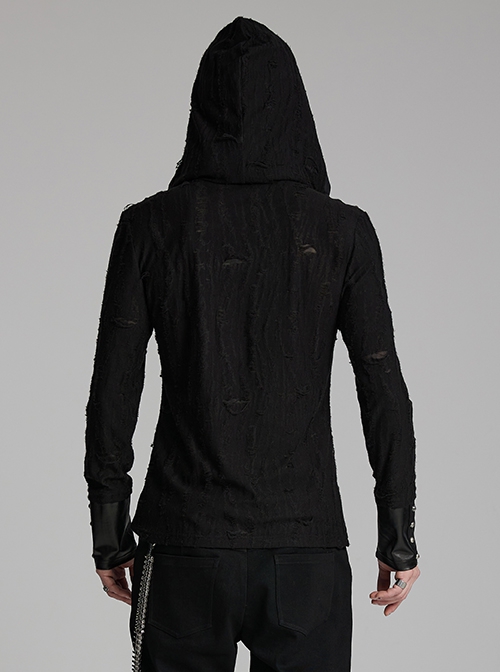 Handsome Black Soft Elastic Hole Knitted Front Center V Neck Drawstring Design Punk Style Long Sleeved Hooded T-Shirt