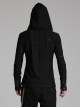 Handsome Black Soft Elastic Hole Knitted Front Center V Neck Drawstring Design Punk Style Long Sleeved Hooded T-Shirt