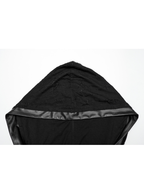 Handsome Black Soft Elastic Hole Knitted Front Center V Neck Drawstring Design Punk Style Long Sleeved Hooded T-Shirt