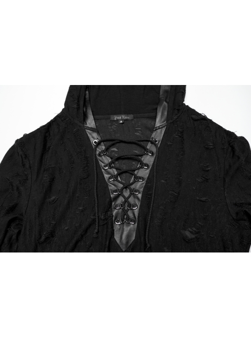 Handsome Black Soft Elastic Hole Knitted Front Center V Neck Drawstring Design Punk Style Long Sleeved Hooded T-Shirt