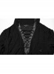 Handsome Black Soft Elastic Hole Knitted Front Center V Neck Drawstring Design Punk Style Long Sleeved Hooded T-Shirt