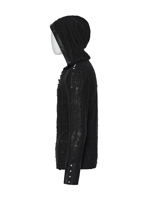 Handsome Black Soft Elastic Hole Knitted Front Center V Neck Drawstring Design Punk Style Long Sleeved Hooded T-Shirt