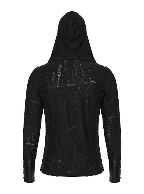 Handsome Black Soft Elastic Hole Knitted Front Center V Neck Drawstring Design Punk Style Long Sleeved Hooded T-Shirt