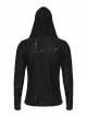 Handsome Black Soft Elastic Hole Knitted Front Center V Neck Drawstring Design Punk Style Long Sleeved Hooded T-Shirt