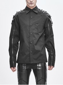 Raglan Sleeves Splice Leather Loops Rivet Long Sleeve Black Punk Shirt