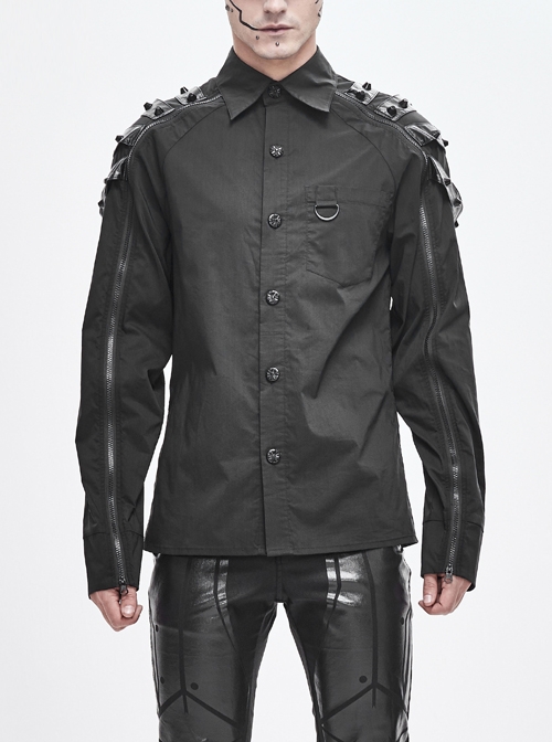 Raglan Sleeves Splice Leather Loops Rivet Long Sleeve Black Punk Shirt