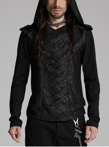 Black Distressed Stretch Knitted Fabric Cross Overlapping Panels In The Front Center Punk Style Hooded Long Sleeved T-Shirt