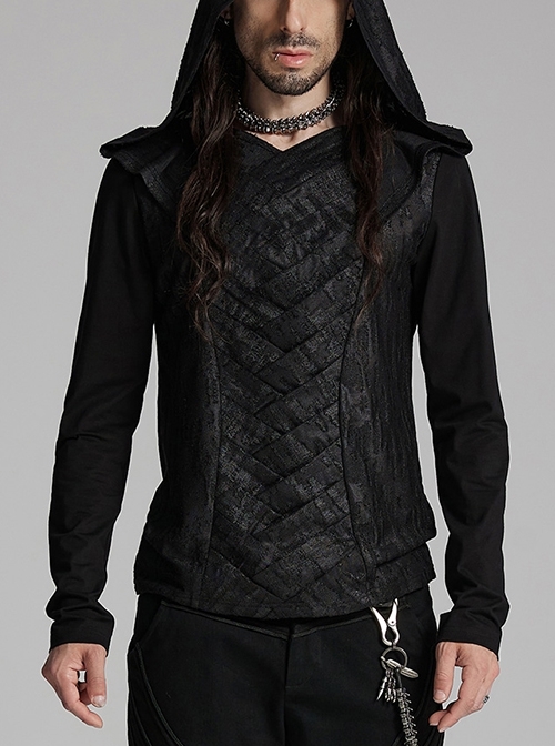 Black Distressed Stretch Knitted Fabric Cross Overlapping Panels In The Front Center Punk Style Hooded Long Sleeved T-Shirt