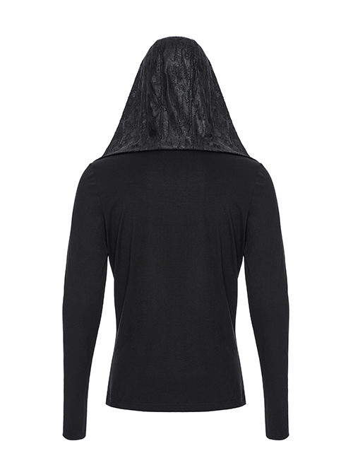 Black Distressed Stretch Knitted Fabric Cross Overlapping Panels In The Front Center Punk Style Hooded Long Sleeved T-Shirt