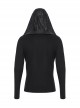 Black Distressed Stretch Knitted Fabric Cross Overlapping Panels In The Front Center Punk Style Hooded Long Sleeved T-Shirt