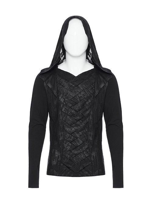 Black Distressed Stretch Knitted Fabric Cross Overlapping Panels In The Front Center Punk Style Hooded Long Sleeved T-Shirt