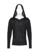 Black Distressed Stretch Knitted Fabric Cross Overlapping Panels In The Front Center Punk Style Hooded Long Sleeved T-Shirt