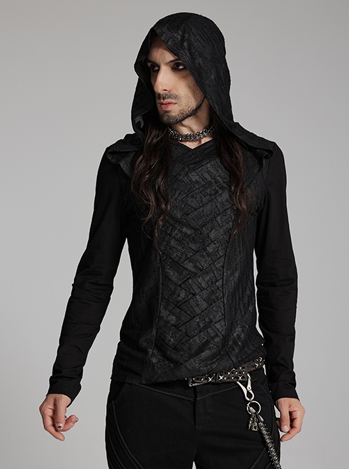 Black Distressed Stretch Knitted Fabric Cross Overlapping Panels In The Front Center Punk Style Hooded Long Sleeved T-Shirt