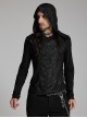 Black Distressed Stretch Knitted Fabric Cross Overlapping Panels In The Front Center Punk Style Hooded Long Sleeved T-Shirt