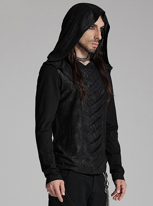 Black Distressed Stretch Knitted Fabric Cross Overlapping Panels In The Front Center Punk Style Hooded Long Sleeved T-Shirt
