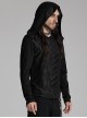 Black Distressed Stretch Knitted Fabric Cross Overlapping Panels In The Front Center Punk Style Hooded Long Sleeved T-Shirt