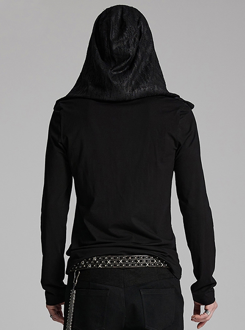 Black Distressed Stretch Knitted Fabric Cross Overlapping Panels In The Front Center Punk Style Hooded Long Sleeved T-Shirt