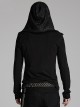 Black Distressed Stretch Knitted Fabric Cross Overlapping Panels In The Front Center Punk Style Hooded Long Sleeved T-Shirt