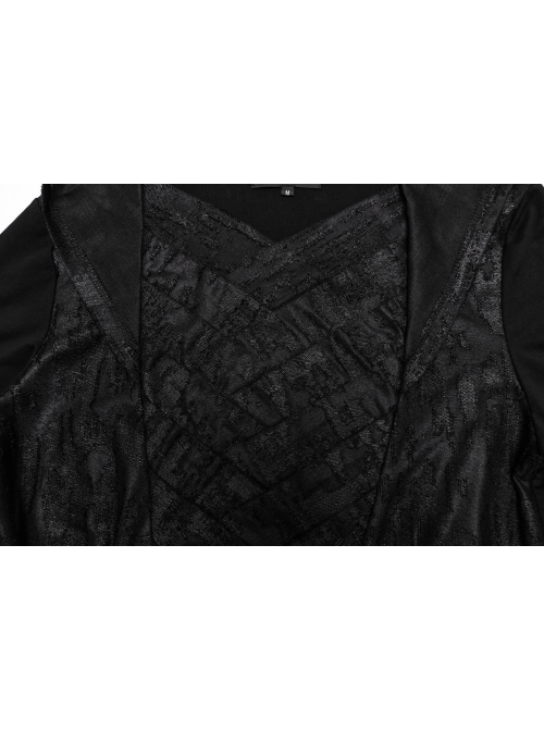 Black Distressed Stretch Knitted Fabric Cross Overlapping Panels In The Front Center Punk Style Hooded Long Sleeved T-Shirt