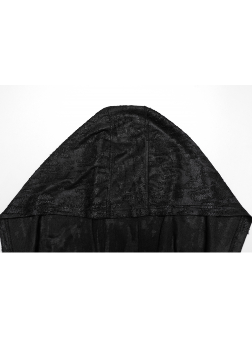 Black Distressed Stretch Knitted Fabric Cross Overlapping Panels In The Front Center Punk Style Hooded Long Sleeved T-Shirt