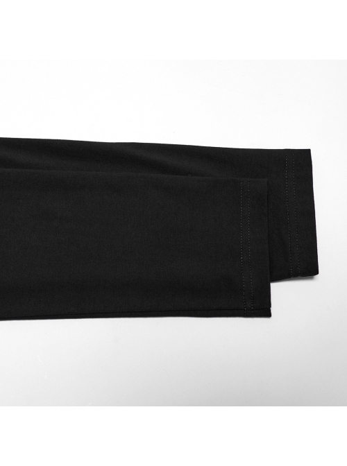 Black Distressed Stretch Knitted Fabric Cross Overlapping Panels In The Front Center Punk Style Hooded Long Sleeved T-Shirt