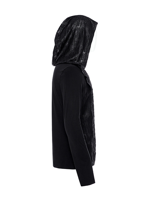 Black Distressed Stretch Knitted Fabric Cross Overlapping Panels In The Front Center Punk Style Hooded Long Sleeved T-Shirt