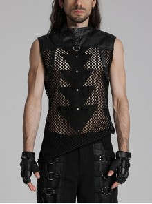 Personalized Black Hollow Mesh Splicing Textured PU Leather Front Triangle Panel With Semi Circular Rivet Decoration Punk Style Sleeveless T-Shirt