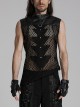 Personalized Black Hollow Mesh Splicing Textured PU Leather Front Triangle Panel With Semi Circular Rivet Decoration Punk Style Sleeveless T-Shirt