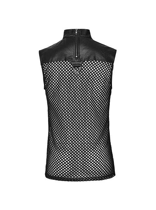 Personalized Black Hollow Mesh Splicing Textured PU Leather Front Triangle Panel With Semi Circular Rivet Decoration Punk Style Sleeveless T-Shirt