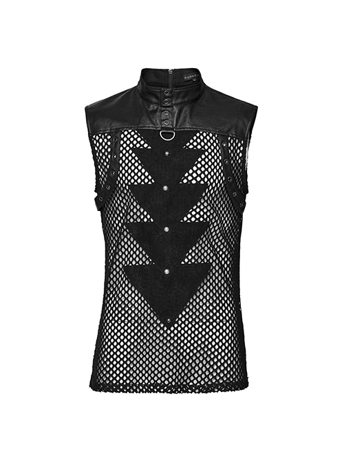 Personalized Black Hollow Mesh Splicing Textured PU Leather Front Triangle Panel With Semi Circular Rivet Decoration Punk Style Sleeveless T-Shirt