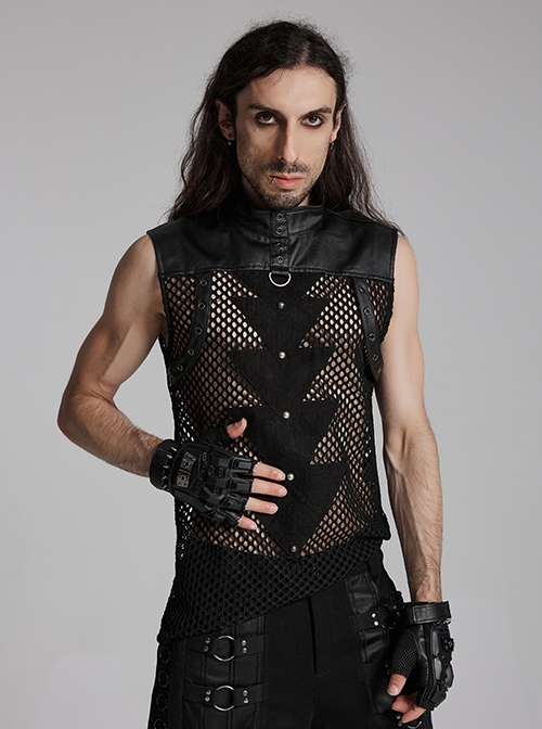 Personalized Black Hollow Mesh Splicing Textured PU Leather Front Triangle Panel With Semi Circular Rivet Decoration Punk Style Sleeveless T-Shirt