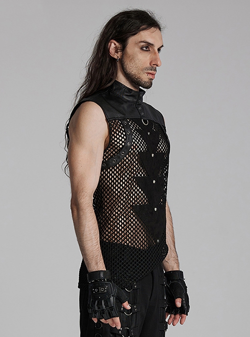 Personalized Black Hollow Mesh Splicing Textured PU Leather Front Triangle Panel With Semi Circular Rivet Decoration Punk Style Sleeveless T-Shirt