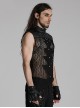 Personalized Black Hollow Mesh Splicing Textured PU Leather Front Triangle Panel With Semi Circular Rivet Decoration Punk Style Sleeveless T-Shirt