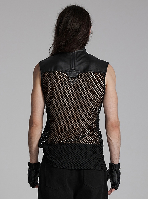 Personalized Black Hollow Mesh Splicing Textured PU Leather Front Triangle Panel With Semi Circular Rivet Decoration Punk Style Sleeveless T-Shirt