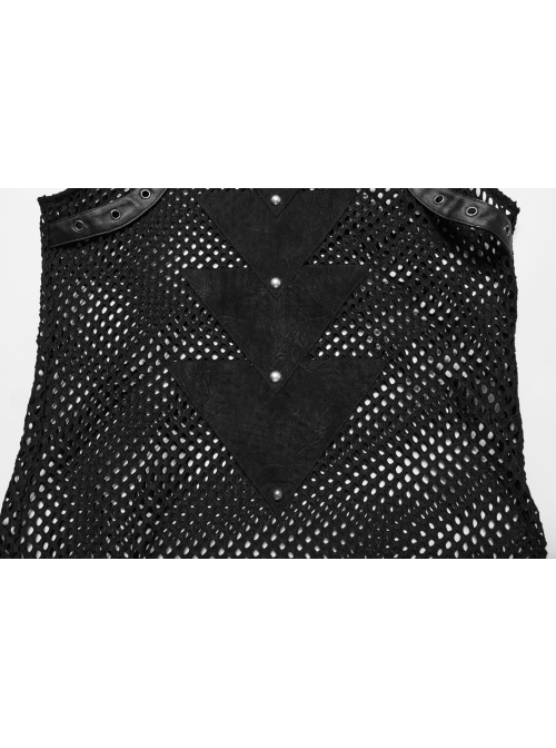 Personalized Black Hollow Mesh Splicing Textured PU Leather Front Triangle Panel With Semi Circular Rivet Decoration Punk Style Sleeveless T-Shirt