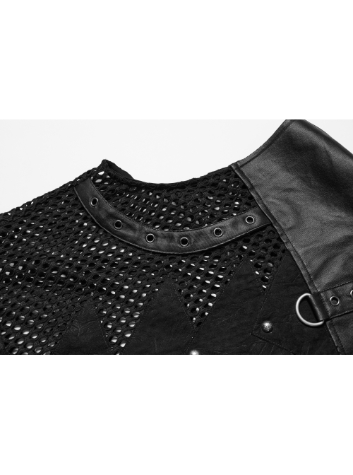 Personalized Black Hollow Mesh Splicing Textured PU Leather Front Triangle Panel With Semi Circular Rivet Decoration Punk Style Sleeveless T-Shirt