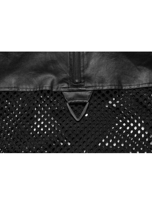 Personalized Black Hollow Mesh Splicing Textured PU Leather Front Triangle Panel With Semi Circular Rivet Decoration Punk Style Sleeveless T-Shirt