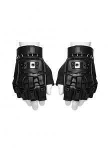 Black High Elastic Breathable Mesh Back Imitation Google Plate With Sheepskin Palm Design Punk Style Rivet Gloves