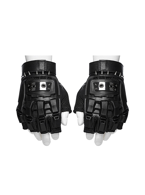 Black High Elastic Breathable Mesh Back Imitation Google Plate With Sheepskin Palm Design Punk Style Rivet Gloves
