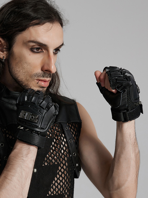 Black High Elastic Breathable Mesh Back Imitation Google Plate With Sheepskin Palm Design Punk Style Rivet Gloves