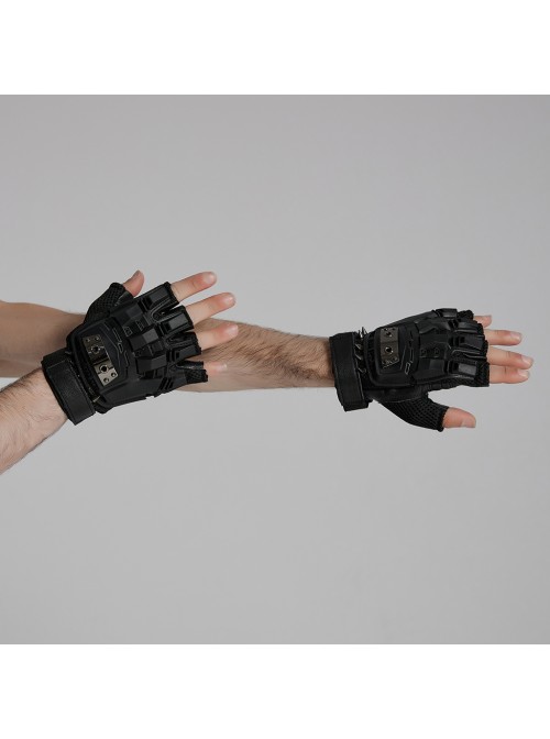 Black High Elastic Breathable Mesh Back Imitation Google Plate With Sheepskin Palm Design Punk Style Rivet Gloves