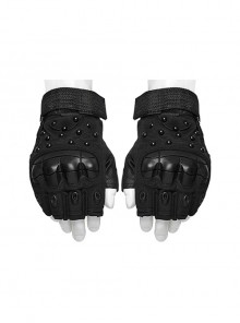Personalized Black Suede Splicing Mesh Back Of Hand Protection Plate With Rivet Design Punk Style Adjustable Wear Resistant Gloves