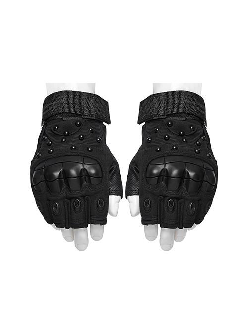 Personalized Black Suede Splicing Mesh Back Of Hand Protection Plate With Rivet Design Punk Style Adjustable Wear Resistant Gloves