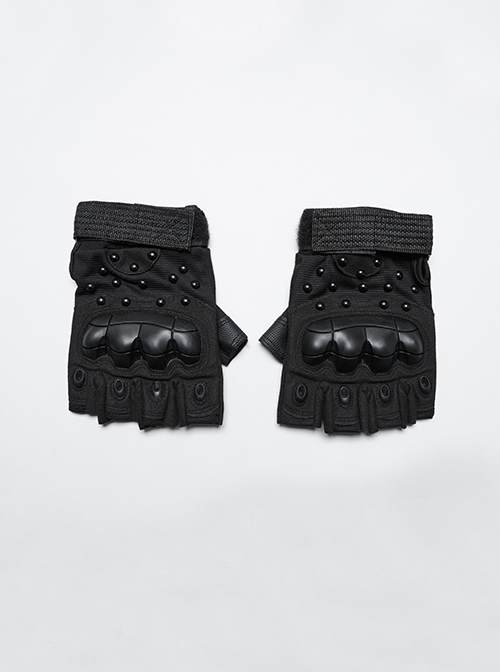 Personalized Black Suede Splicing Mesh Back Of Hand Protection Plate With Rivet Design Punk Style Adjustable Wear Resistant Gloves