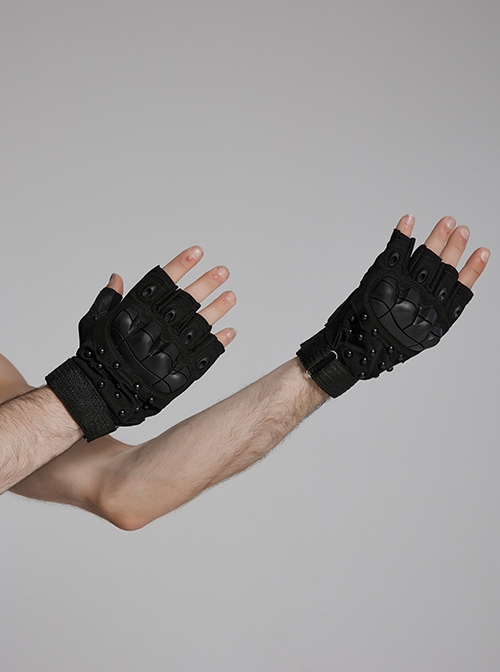 Personalized Black Suede Splicing Mesh Back Of Hand Protection Plate With Rivet Design Punk Style Adjustable Wear Resistant Gloves