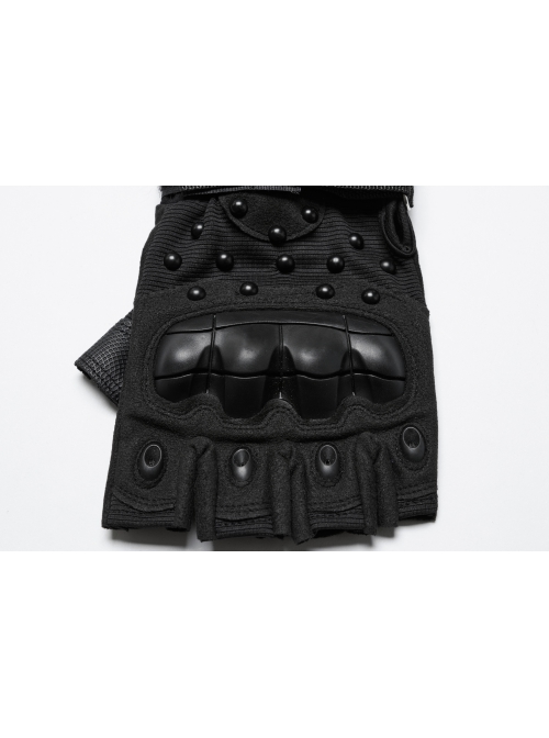 Personalized Black Suede Splicing Mesh Back Of Hand Protection Plate With Rivet Design Punk Style Adjustable Wear Resistant Gloves
