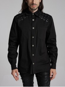 Black Slightly Elastic Twill Shoulder Personalized Webbing Rivet Decoration Punk Style Lapel Long Sleeved Shirt