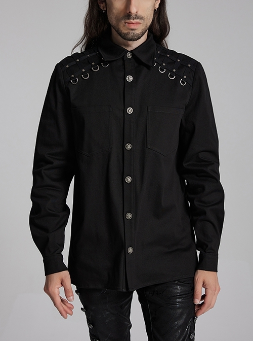 Black Slightly Elastic Twill Shoulder Personalized Webbing Rivet Decoration Punk Style Lapel Long Sleeved Shirt