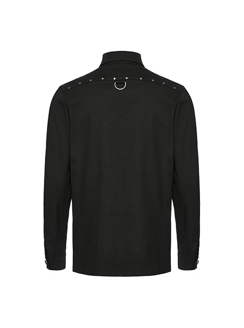 Black Slightly Elastic Twill Shoulder Personalized Webbing Rivet Decoration Punk Style Lapel Long Sleeved Shirt