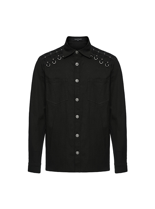 Black Slightly Elastic Twill Shoulder Personalized Webbing Rivet Decoration Punk Style Lapel Long Sleeved Shirt